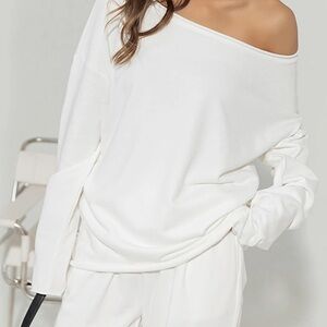 Commense Large White Asymmetrical Off Shoulder Solid Sweatshirt NWT $29